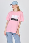Kadın Tişört-Pembe Yazı Baskılı %100 Pamuk Oversize Tişört 2150-7M-rulem
