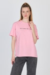 Kadın Tişört-Pembe Yazı Baskılı %100 Pamuk Oversize Tişört 2150-5M-rulem