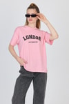Kadın Tişört-Pembe Yazı Baskılı %100 Pamuk Oversize Tişört 2150-9M-rulem