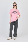 Kadın Tişört-Pembe Yazı Baskılı %100 Pamuk Oversize Tişört 2150-9M-rulem
