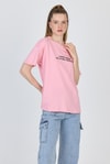Kadın Tişört-Pembe Yazı Baskılı %100 Pamuk Oversize Tişört 2150-8M-rulem