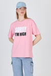 Kadın Tişört-Pembe Yazı Baskılı %100 Pamuk Oversize Tişört 2150-7M-rulem