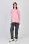 Kadın Tişört-Pembe Yazı Baskılı %100 Pamuk Oversize Tişört 2150-5M-rulem