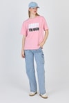 Kadın Tişört-Pembe Yazı Baskılı %100 Pamuk Oversize Tişört 2150-7M-rulem