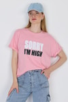 Kadın Tişört-Pembe Yazı Baskılı %100 Pamuk Oversize Tişört 2150-7M-rulem