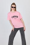 Kadın Tişört-Pembe Yazı Baskılı %100 Pamuk Oversize Tişört 2150-9M-rulem