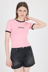 Kadın Tişört-Pembe Yazı Baskılı Biyeli Pamuklu Slim Fit Tişört 9192M-rulem
