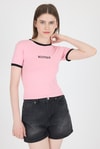 Kadın Tişört-Pembe Yazı Baskılı Biyeli Pamuklu Slim Fit Tişört 9192M-rulem
