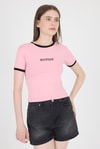 Kadın Tişört-Pembe Yazı Baskılı Biyeli Pamuklu Slim Fit Tişört 9192M-rulem