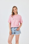 Kadın Tişört-Pembe Yazı Baskılı Oversize Pamuklu Tişört 2150-32M-rulem