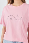 Kadın Tişört-Pembe Yazı Baskılı Oversize Pamuklu Tişört 2150-32M-rulem