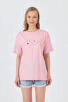 Kadın Tişört-Pembe Yazı Baskılı Oversize Pamuklu Tişört 2150-32M-rulem
