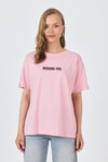 Kadın Tişört-Pembe Yazı Baskılı Pamuklu Oversize Tişört 2150-6M-rulem