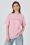 Kadın Tişört-Pembe Yazı Baskılı Pamuklu Oversize Tişört 2150-3M-rulem