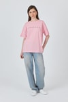 Kadın Tişört-Pembe Yazı Baskılı Pamuklu Oversize Tişört 2150-3M-rulem