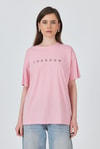 Kadın Tişört-Pembe Yazı Baskılı Pamuklu Oversize Tişört 2150-3M-rulem