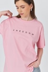 Kadın Tişört-Pembe Yazı Baskılı Pamuklu Oversize Tişört 2150-3M-rulem
