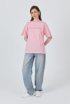 Kadın Tişört-Pembe Yazı Baskılı Pamuklu Oversize Tişört 2150-3M-rulem