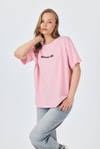 Kadın Tişört-Pembe Yazı Baskılı Pamuklu Oversize Tişört 2150-6M-rulem
