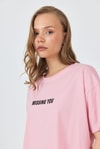 Kadın Tişört-Pembe Yazı Baskılı Pamuklu Oversize Tişört 2150-6M-rulem