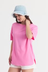 Kadın Tişört-Pembe Yumuşak Dokulu Esnek Premium Kumaş Lazer Kesim Oversize Tişört 1868-rulem