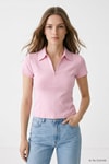 Kadın Tişört-Polo Yaka Kısa Kol Crop Tişört 26651 Pembe -rulem