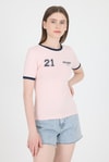 Kadın Tişört-Pudra Ribanalı Yazı Baskılı Slim Fit Tişört 5981-rulem