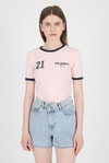 Kadın Tişört-Pudra Ribanalı Yazı Baskılı Slim Fit Tişört 5981-rulem