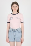Kadın Tişört-Pudra Ribanalı Yazı Baskılı Slim Fit Tişört 5981-rulem