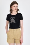 Kadın Tişört-Siyah Ayıcık Baskılı Leopar Detaylı Slim Fit Crop Tişört 0549-rulem