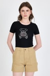 Kadın Tişört-Siyah Ayıcık Baskılı Leopar Detaylı Slim Fit Crop Tişört 0549-rulem