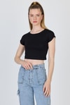 Kadın Tişört-Siyah Bisiklet Yaka Pamuklu Slim Fit Crop Tişört 9199M-rulem