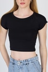 Kadın Tişört-Siyah Bisiklet Yaka Pamuklu Slim Fit Crop Tişört 9199M-rulem