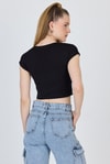 Kadın Tişört-Siyah Bisiklet Yaka Pamuklu Slim Fit Crop Tişört 9199M-rulem