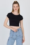 Kadın Tişört-Siyah Bisiklet Yaka Pamuklu Slim Fit Crop Tişört 9199M-rulem