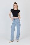 Kadın Tişört-Siyah Bisiklet Yaka Pamuklu Slim Fit Crop Tişört 9199M-rulem