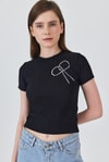 Kadın Tişört-Siyah İnci Kurdele İşlemeli Crop Slim Fit Tişört 2229-rulem