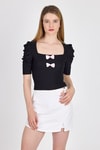 Kadın Tişört-Siyah Kare Yaka Fiyonk DetaylI Crop Bluz 1349-rulem