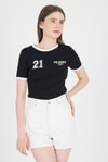 Kadın Tişört-Siyah Ribanalı Yazı Baskılı Slim Fit Tişört 5981-rulem