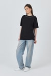 Kadın Tişört-Siyah Yaka Yazı Baskılı Oversize Pamuklu Tişört 2150-34M-rulem