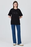 Kadın Tişört-Siyah Yazı Baskılı Oversize Pamuklu Tişört 2150-32M-rulem