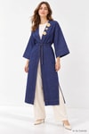 Kadın Üst Giyim-Kadın Kimono-Deniz Kabuğu Detaylı Uzun Kot Kimono 3530 Koyu Mavi-rulem