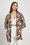 Kahve Çiçek Desen Fakir Kol Kimono 4463A