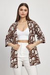Kahve Çiçek Desen Fakir Kol Kimono 4463A