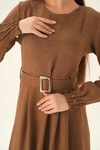 Kahve Kol Drape Detay Kemerli Elbise 2659