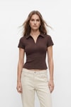 Kahve Polo Yaka Kısa Kol Crop Tişört 26651