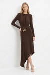 Kahve Vatkalı Omuz Büzgülü Elbise 252681
