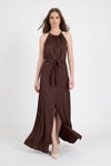 Kahve Yırtmaçlı Desenli Elbise 251656