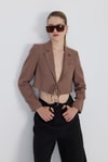 Kahverengi Keten Görünümlü %100 Pamuk Bağlama Detaylı Crop Blazer Ceket 7070