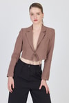 Kahverengi Keten Görünümlü %100 Pamuk Bağlama Detaylı Crop Blazer Ceket 7070